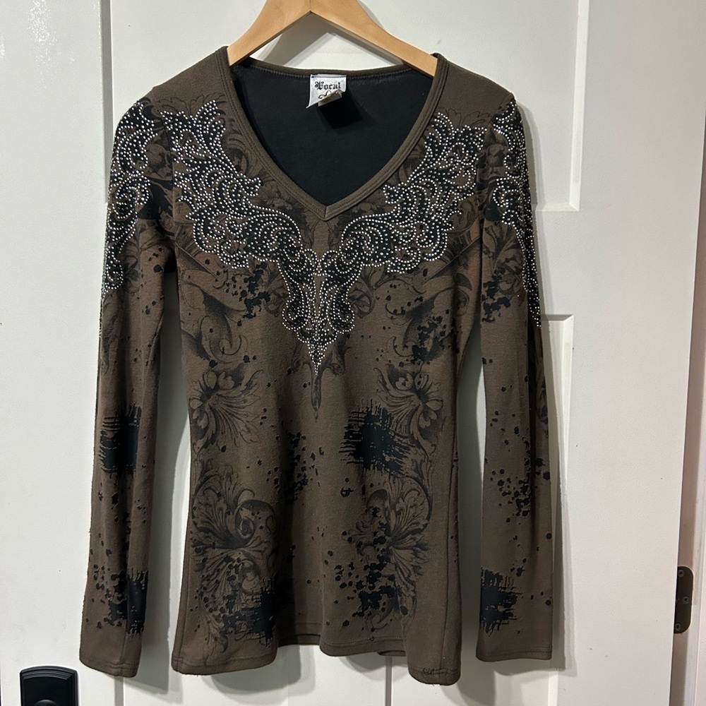 Vocal Brown and Black distressed bling Embellished long sleeve Top